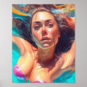 Beautiful Woman Under Water AI Art Poster