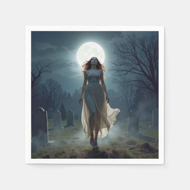 Beautiful Woman Walking In a Moonlit Cemetery Napkin (Front)