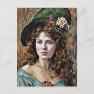Beautiful woman with flower hat pastel art drawing postcard
