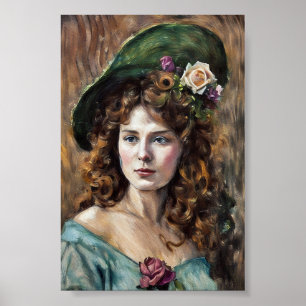 Beautiful woman with flower hat pastel art drawing poster