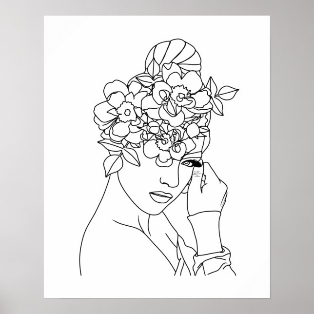 Beautiful Woman With Flowers On Head Line Art Poster (Front)