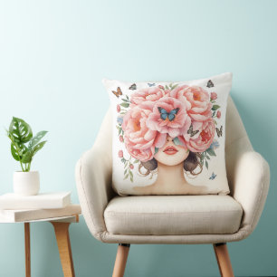 Beautiful Woman with Giant Pink Roses and Butterfl Cushion