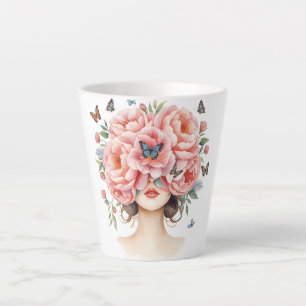 Beautiful Woman with Giant Pink Roses and Butterfl Latte Mug