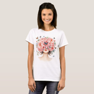 Beautiful Woman with Giant Pink Roses and Butterfl T-Shirt