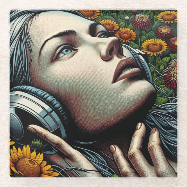 Beautiful Woman with Headphones in Sunflowers Glass Coaster (Front)