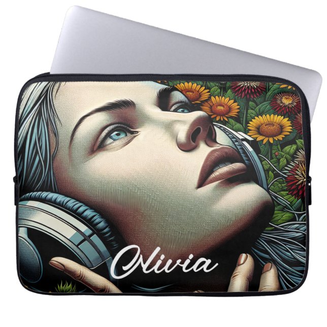 Beautiful Woman with Headphones in Sunflowers Laptop Sleeve (Front)