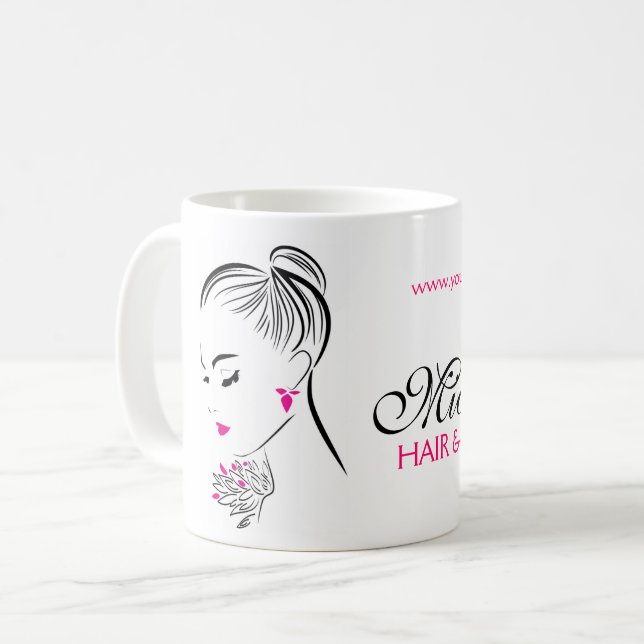 Beautiful woman with pink earrings branding coffee mug (Front Left)