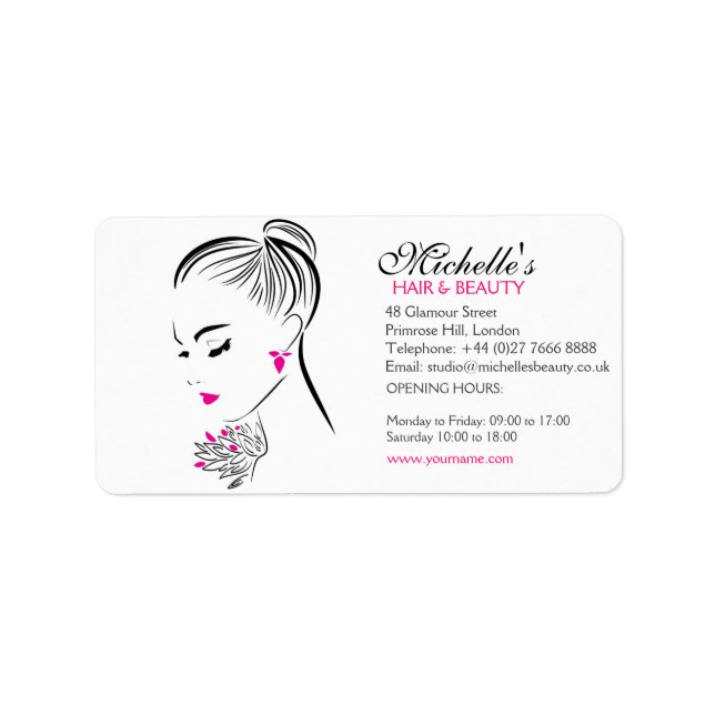 Beautiful woman with pink earrings branding label (Front)