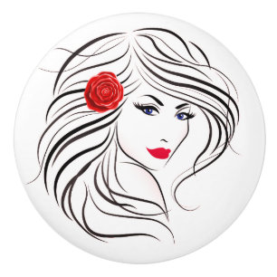 Beautiful Woman With Red Rose Flower Ceramic Knob