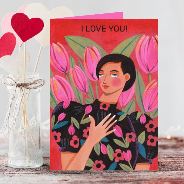 Beautiful woman with tulip heart Valentine's Day  Card (Creator Uploaded)