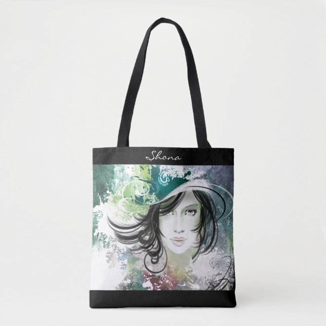 Beautiful Woman's face in Abstract Hat Design Tote Bag (Front)