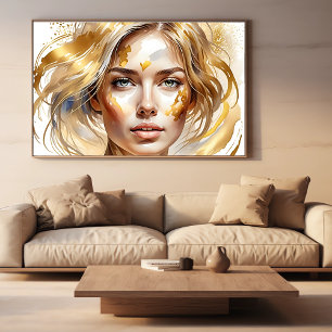 Beautiful Womans Face in Gold Abstract Watercolor  Poster
