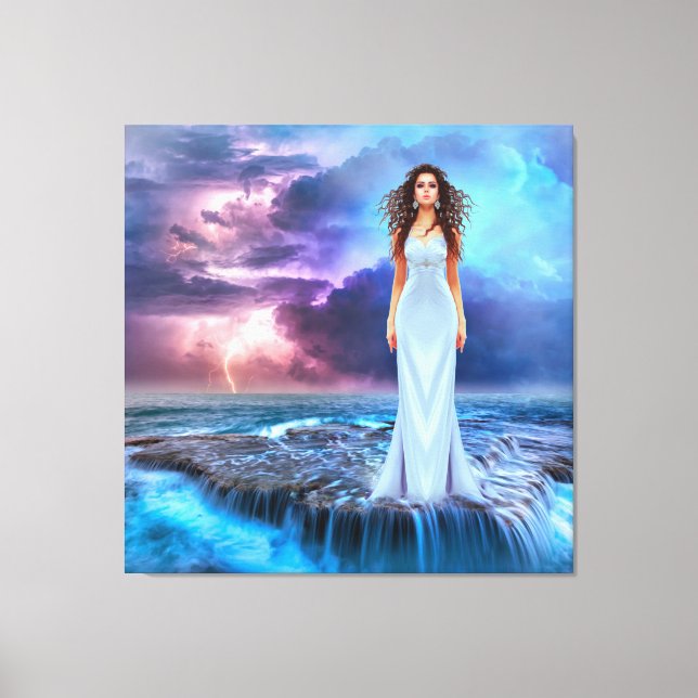Beautiful Women Standing on Ocean Rock  Canvas Print (Front)