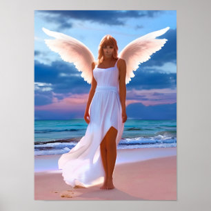 Beautiful Women with Angel Wings on a Beach Poster