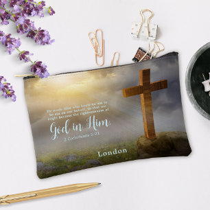 Beautiful Wooden Cross Bible Verse Personalised Accessory Pouch