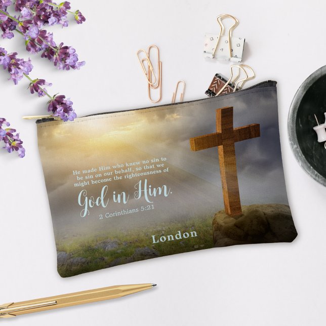 Beautiful Wooden Cross Bible Verse Personalised Accessory Pouch (Creator Uploaded)