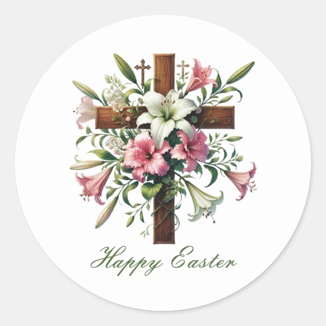 Beautiful wooden Easter Cross Classic Round Sticker (Front)