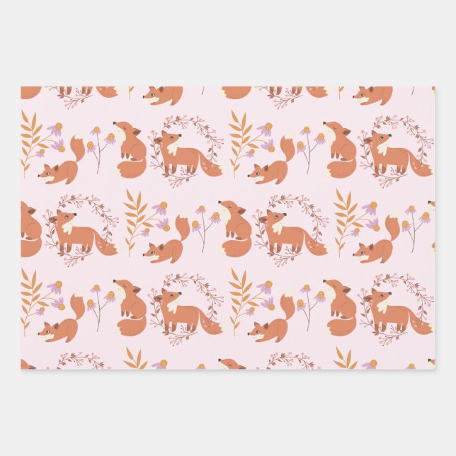 Beautiful Woodland Animal Floral Wrapping Paper Sheet (Front)
