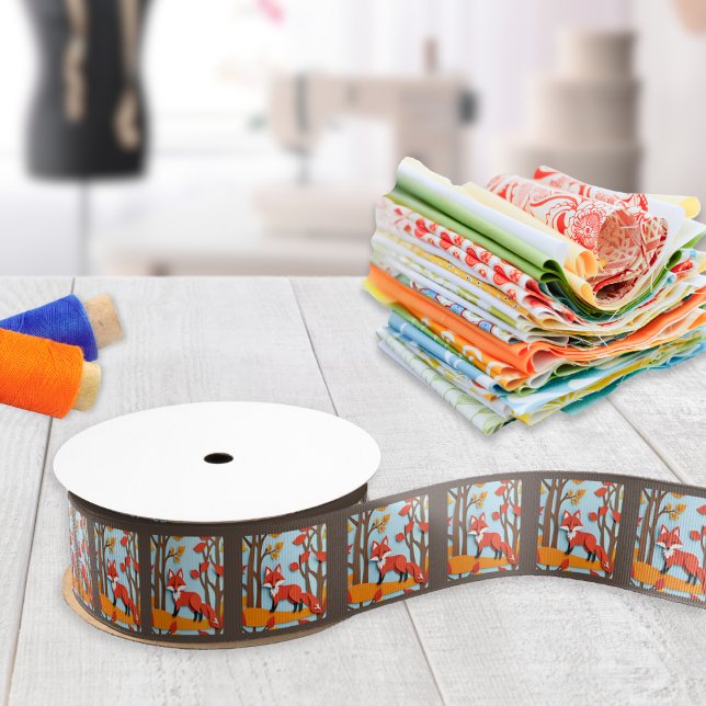 Beautiful Woodland Foxes Film Frame Animal Picture Grosgrain Ribbon (A reel of ribbon with elegant red fox design, in a repeat pattern with papercraft look)