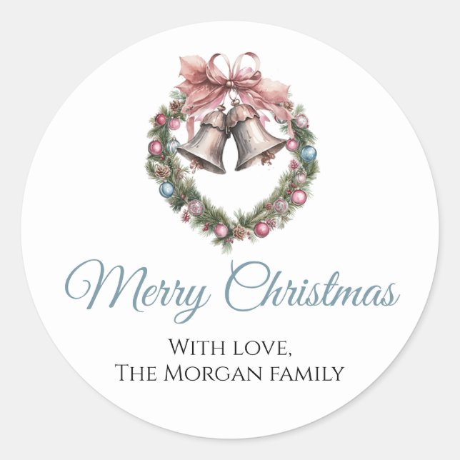 Beautiful Wreath Bell & Pink Ribbon Bow Classic Round Sticker (Front)