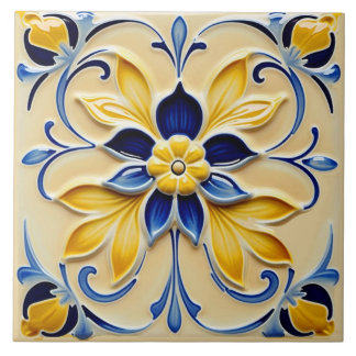 Beautiful Yellow and Blue floral Ceramic Tile. Tile
