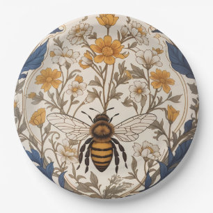 Beautiful Yellow and Blue Floral Vintage Bee Paper Plate