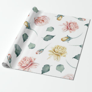 Beautiful yellow and pink watercolor roses floral wrapping paper