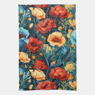 Beautiful Yellow and Red Flowers Botanical Print Tea Towel
