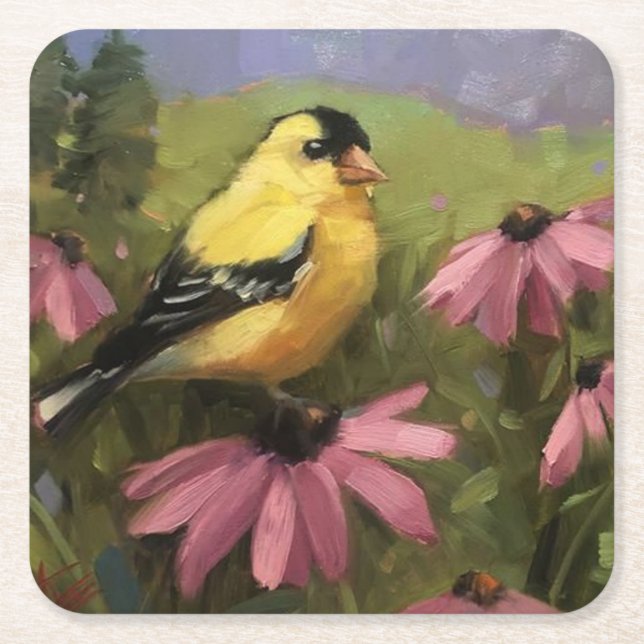 Beautiful Yellow Bird Fine Art Square Paper Coaster (Front)