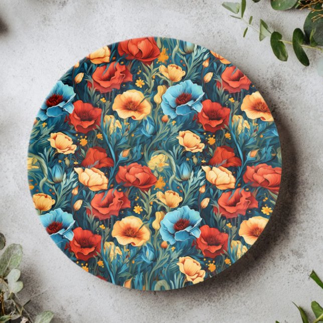 Beautiful Yellow Blue and Red Flowers Pattern Paper Plate (Creator Uploaded)