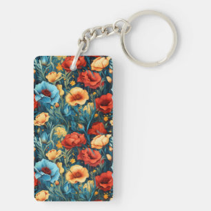 Beautiful Yellow Blue and Red Flowers Two-sided Key Ring