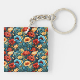 Beautiful Yellow Blue and Red Flowers Two-sided Key Ring