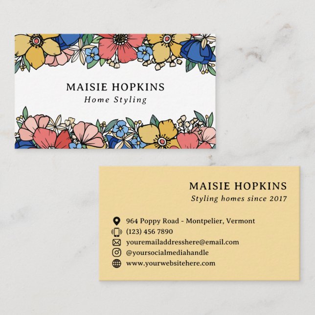 Beautiful Yellow Blue Coral Florals Business Card (Front/Back)
