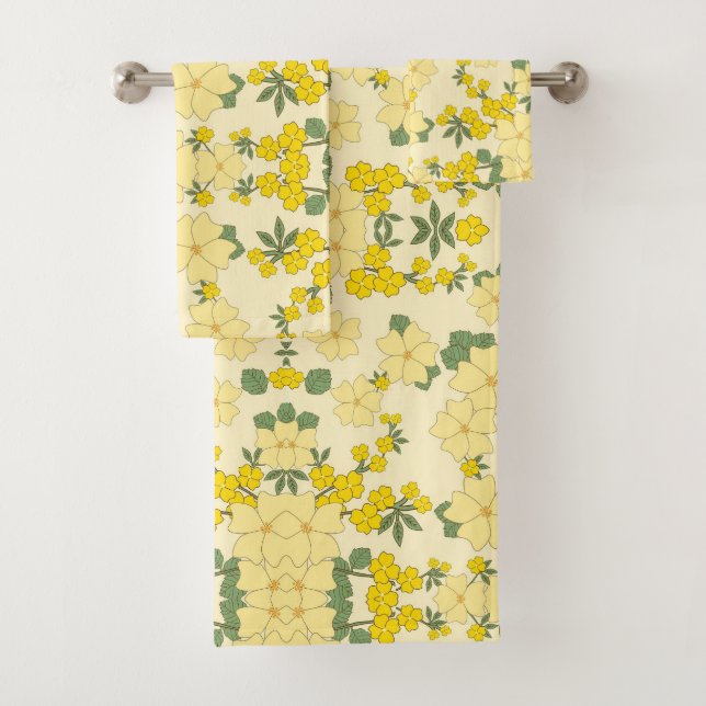 Beautiful yellow  floral art bath towel set (Insitu)