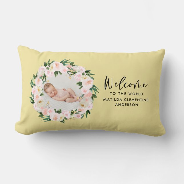 Beautiful yellow floral girly photo baby welcome lumbar cushion (Front)