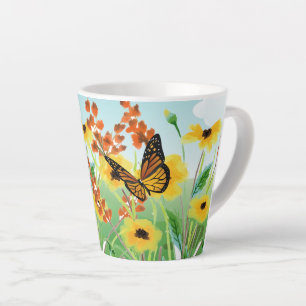 Beautiful Yellow Flowers Blue Sky and Butterfly Latte Mug