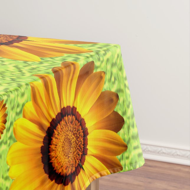 Beautiful yellow flowers on abstract green   tablecloth (In Situ)