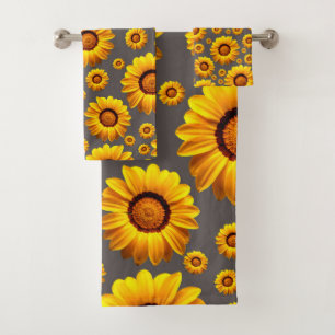 Beautiful yellow flowers on grey background bath towel set