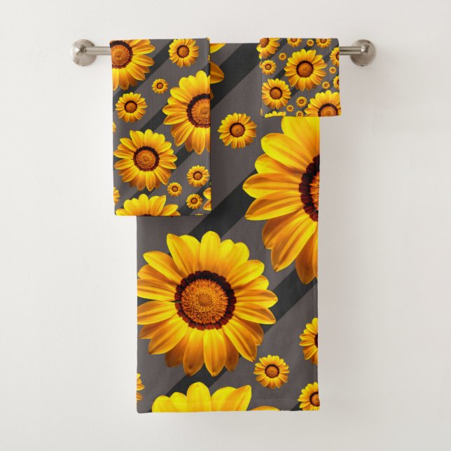 Beautiful yellow flowers on grey, black stripes bath towel set (Insitu)