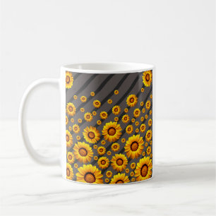 Beautiful yellow flowers on grey, black stripes  coffee mug