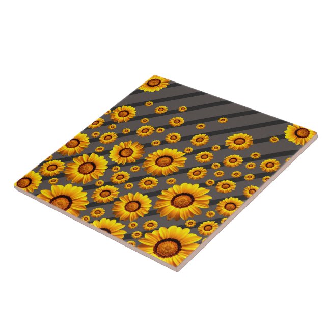 Beautiful yellow flowers on grey, black stripes  tile (Side)