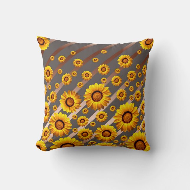 Beautiful yellow flowers on grey, brown stripes cushion (Front)