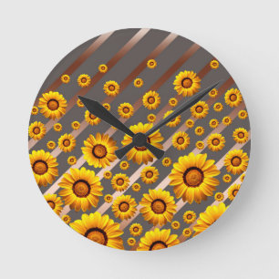 Beautiful yellow flowers on grey, brown stripes round clock