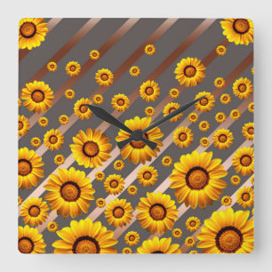Beautiful yellow flowers on grey, brown stripes square wall clock