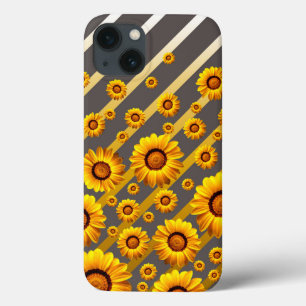 Beautiful yellow flowers on grey, gold stripes iPhone 13 case
