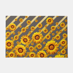 Beautiful yellow flowers on grey, gold stripes doormat