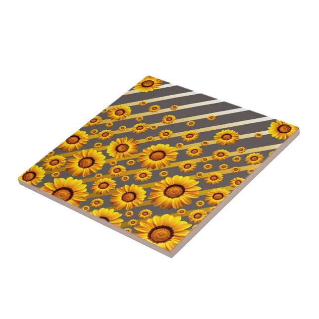 Beautiful yellow flowers on grey, gold stripes   tile (Side)