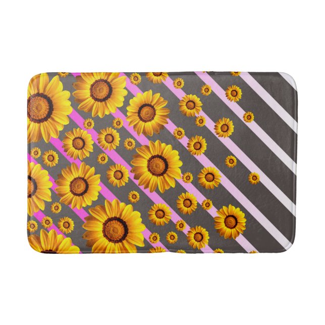 Beautiful yellow flowers on grey, pink stripes  bath mat (Front)