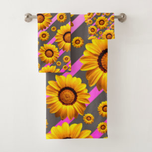 Beautiful yellow flowers on grey, pink stripes bath towel set