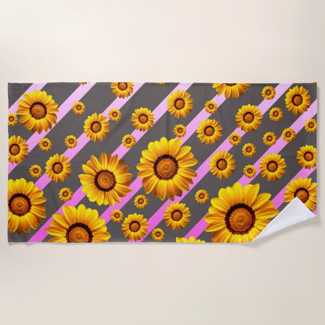 Beautiful yellow flowers on grey, pink stripes   beach towel (Front)